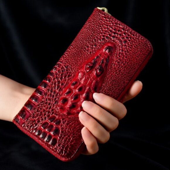 Accessories - Raised Crocodile Embossed Leather Zipper Wallet Clutch Wristlet Card Holder